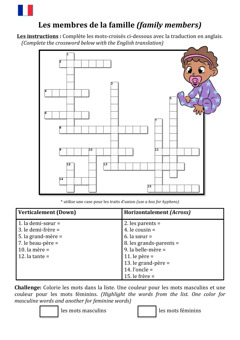 French family members crossword: students write English for 15 words like la tante, then color-code masculine and feminine