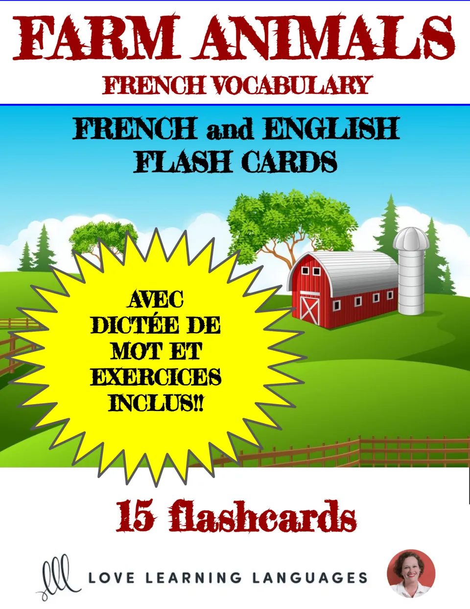 Cover for 15 French-English farm animal flashcards, announcing included word dictation and exercises.