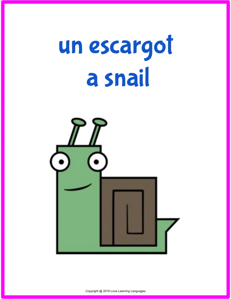 French farm animal flashcard 1 of 15: un escargot (a snail), with a matching cartoon snail illustration.