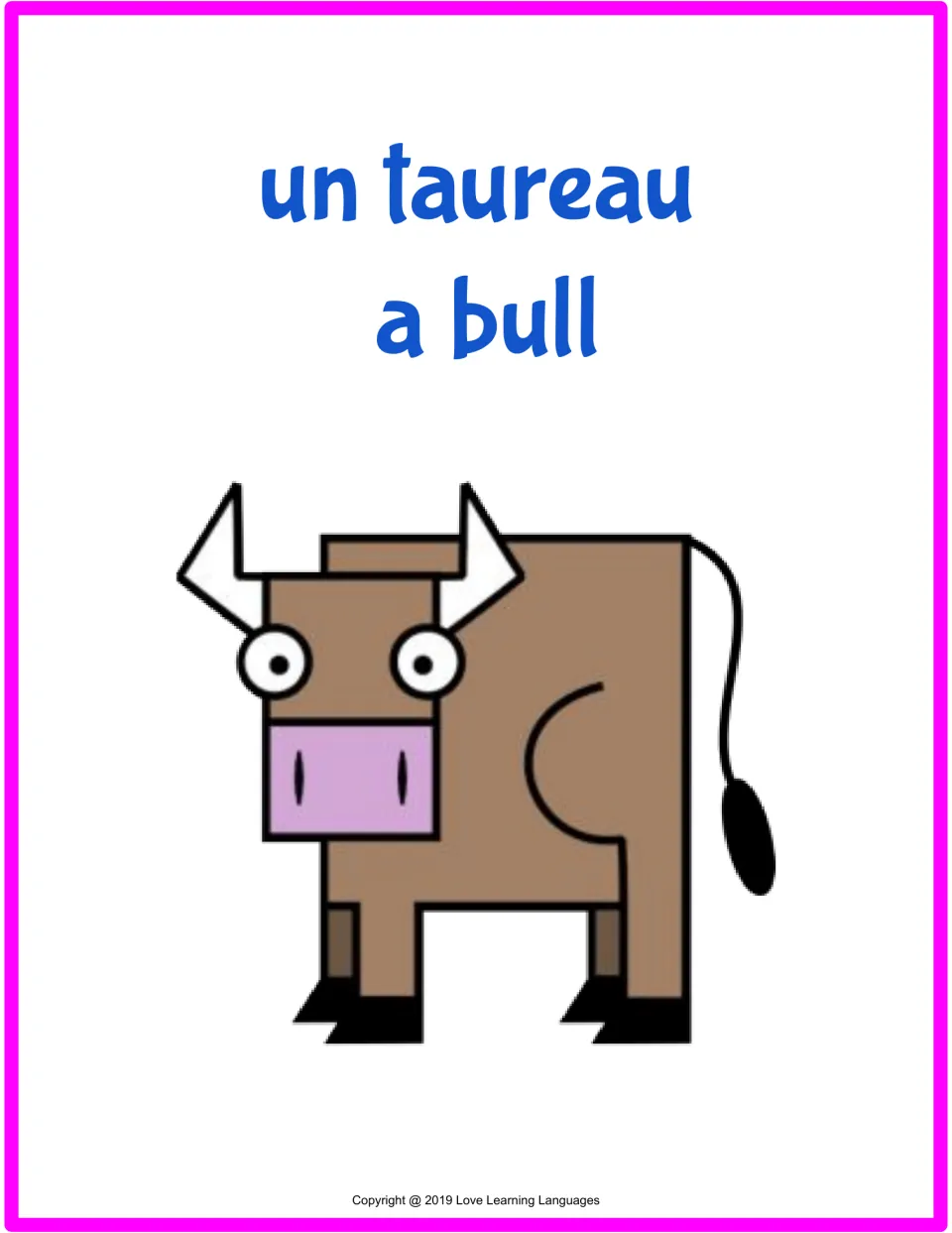 French farm animal flashcard 2 of 15: un taureau (a bull), with a matching cartoon bull illustration.