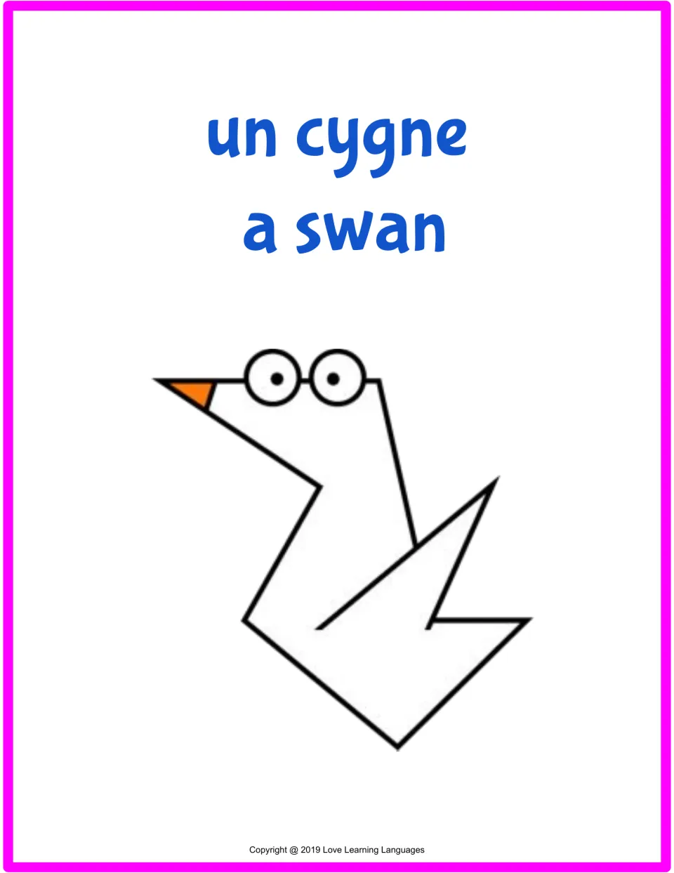 French farm animal flashcard 3 of 15: un cygne (a swan), with a matching cartoon swan illustration.