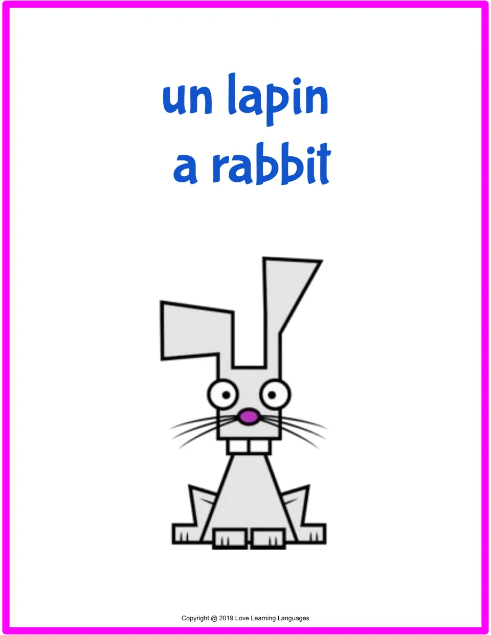 French farm animal flashcard 4 of 15: un lapin (a rabbit), with a matching cartoon rabbit illustration.