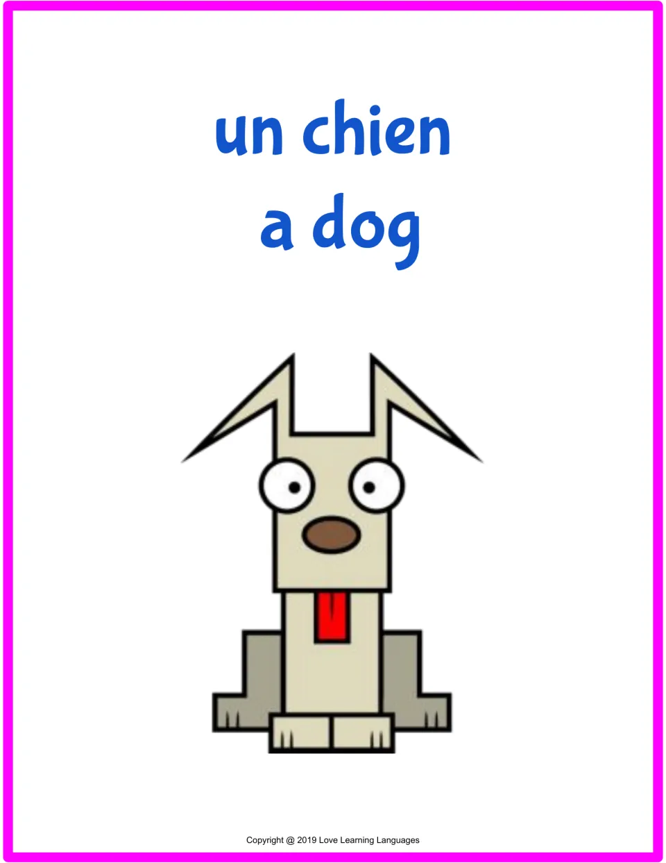 French farm animal flashcard 5 of 15: un chien (a dog), with a matching cartoon dog illustration.