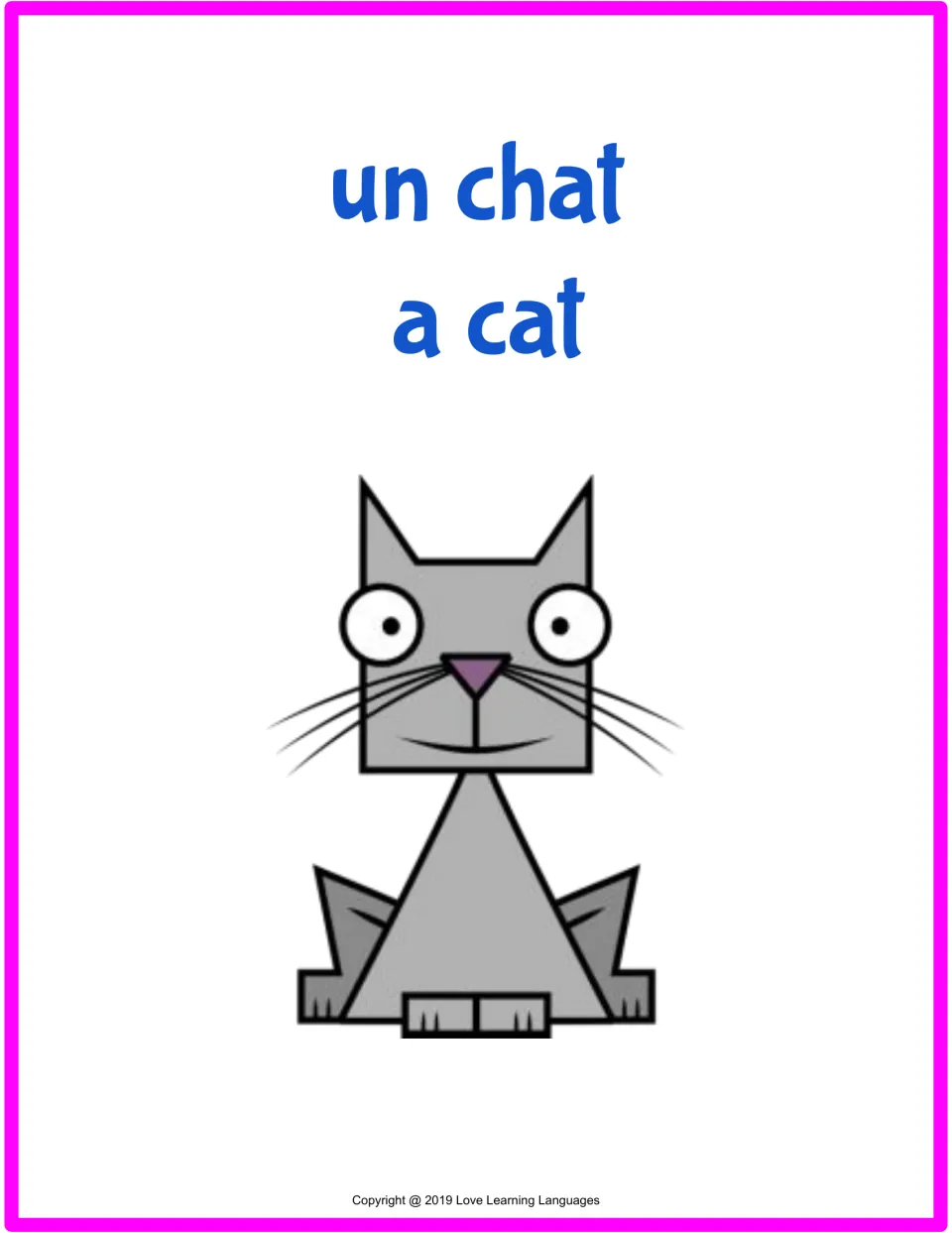 French farm animal flashcard 6 of 15: un chat (a cat), with a matching cartoon cat illustration.
