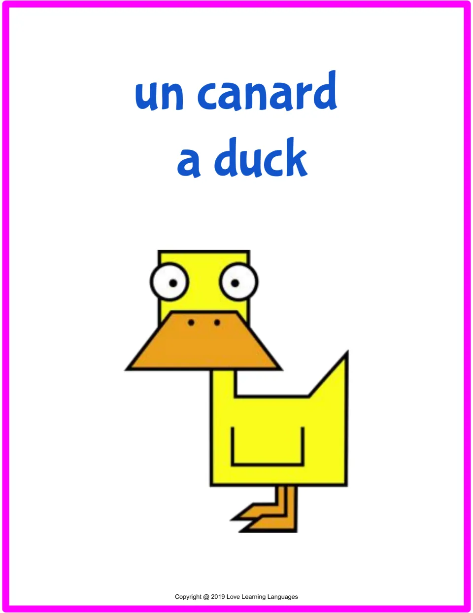 French farm animal flashcard 7 of 15: un canard (a duck), with a matching cartoon duck illustration.