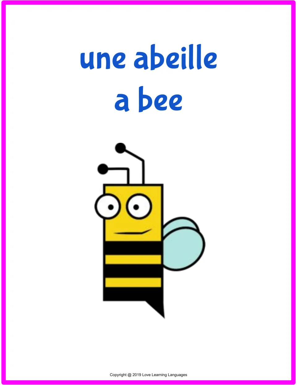 French farm animal flashcard 8 of 15: une abeille (a bee), with a matching cartoon bee illustration.