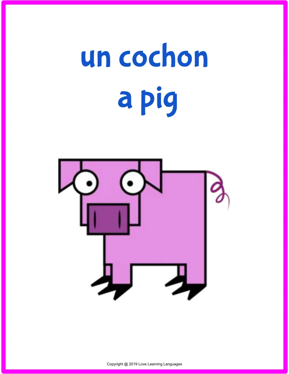 French farm animal flashcard 9 of 15: un cochon (a pig), with a matching cartoon pig illustration.