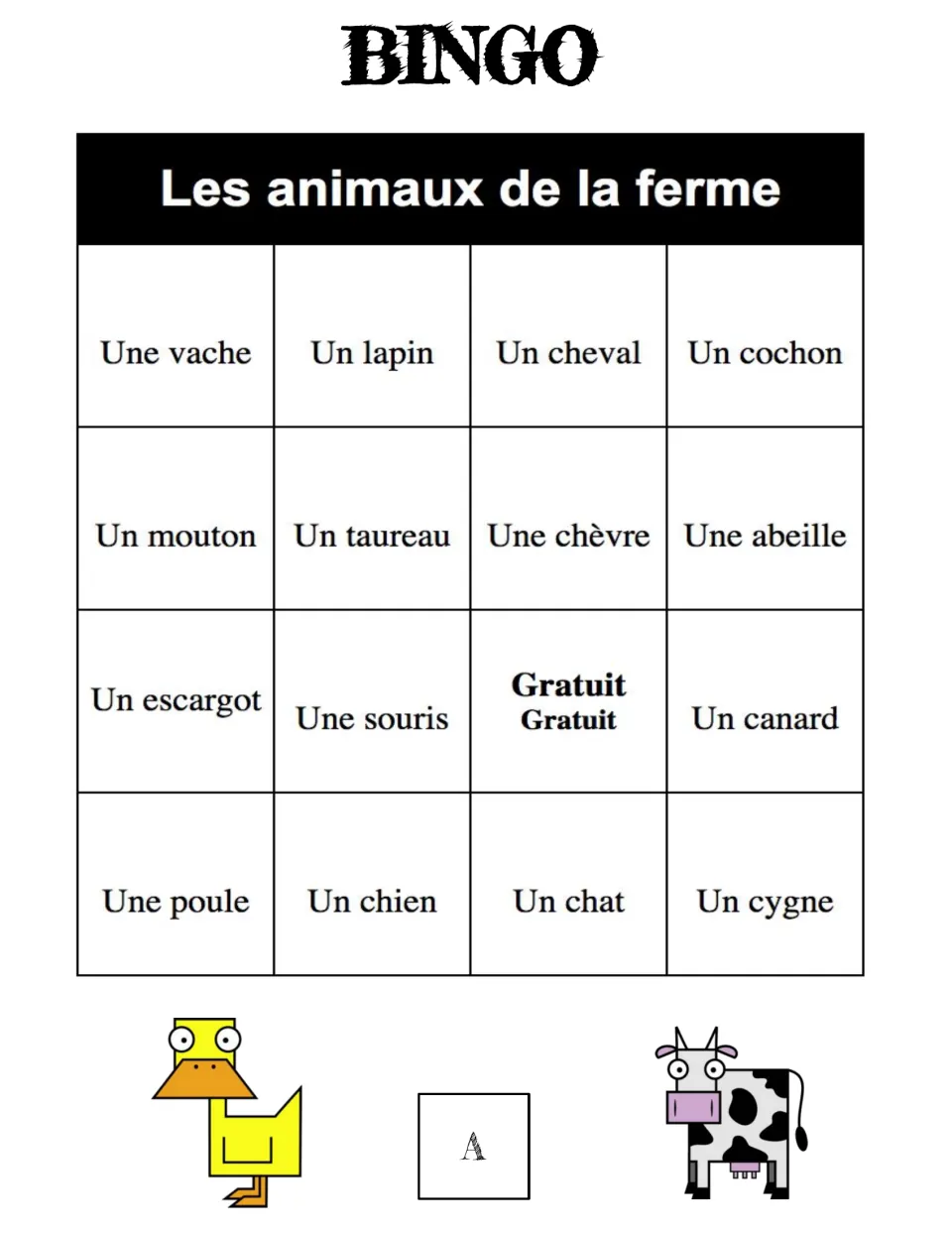 Les animaux de la ferme bingo card A: students mark French farm animal words, starting une vache, un lapin, un cheval