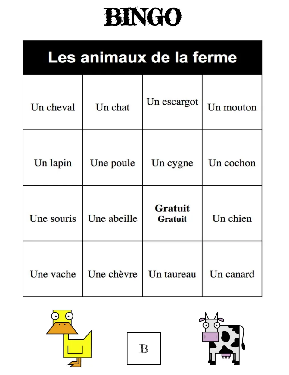 Farm animal bingo card B in French: students listen and mark words such as un cheval, un chat, un escargot, un mouton