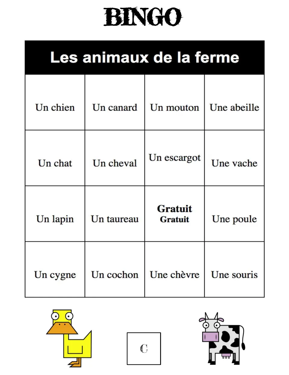 French bingo card C on farm animals: students mark called words like un chien, un canard, un mouton and une abeille