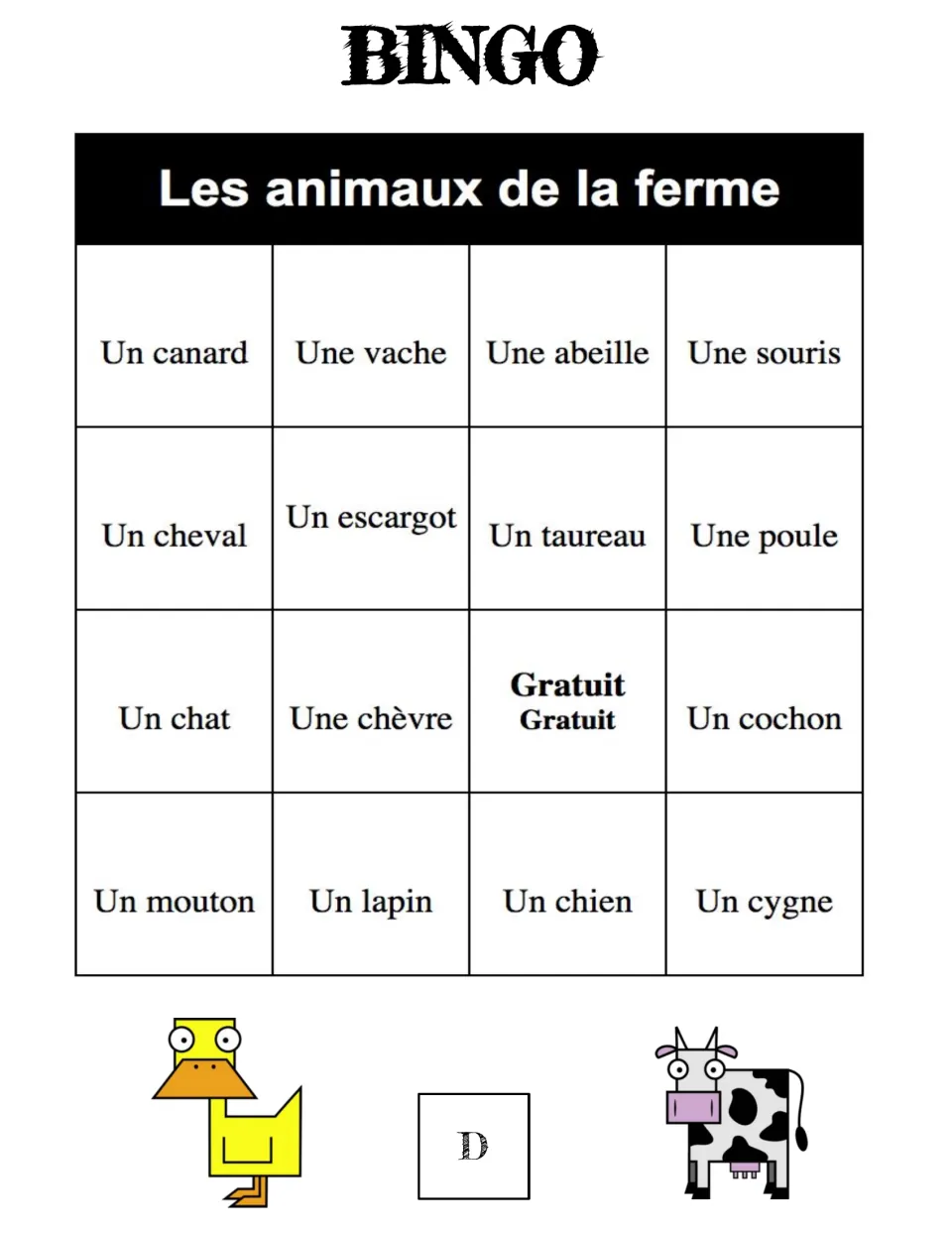 Bingo card D, Les animaux de la ferme: students match spoken French to words like un canard, une vache, une souris