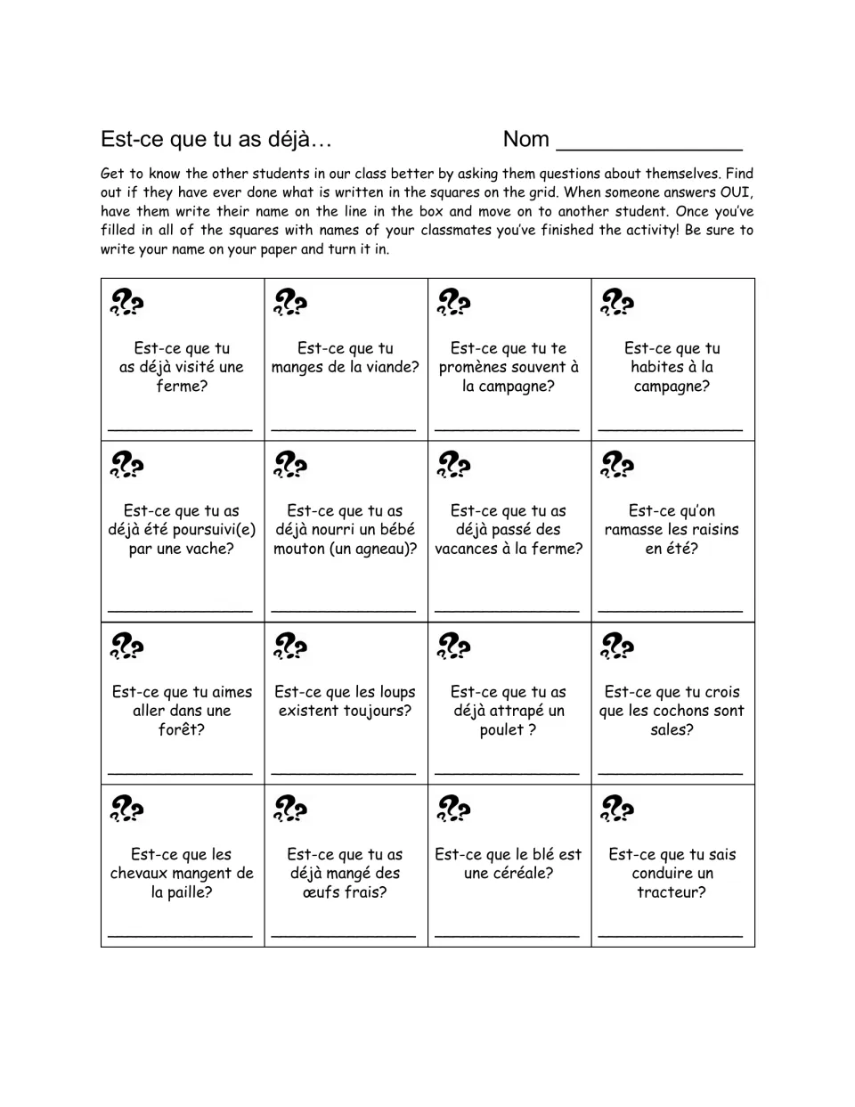 French find-someone-who handout: 16 questions about farm visits, countryside walks, animals, and crops.