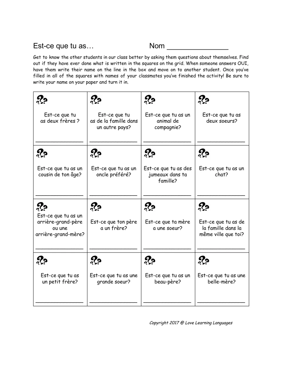 Est-ce que tu as… handout: 16 family questions such as 'Est-ce que tu as une grande soeur?' (an older sister)