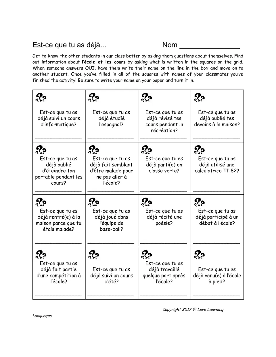 French classmate interview sheet: 16 school questions about studying Spanish, homework, sports, and more