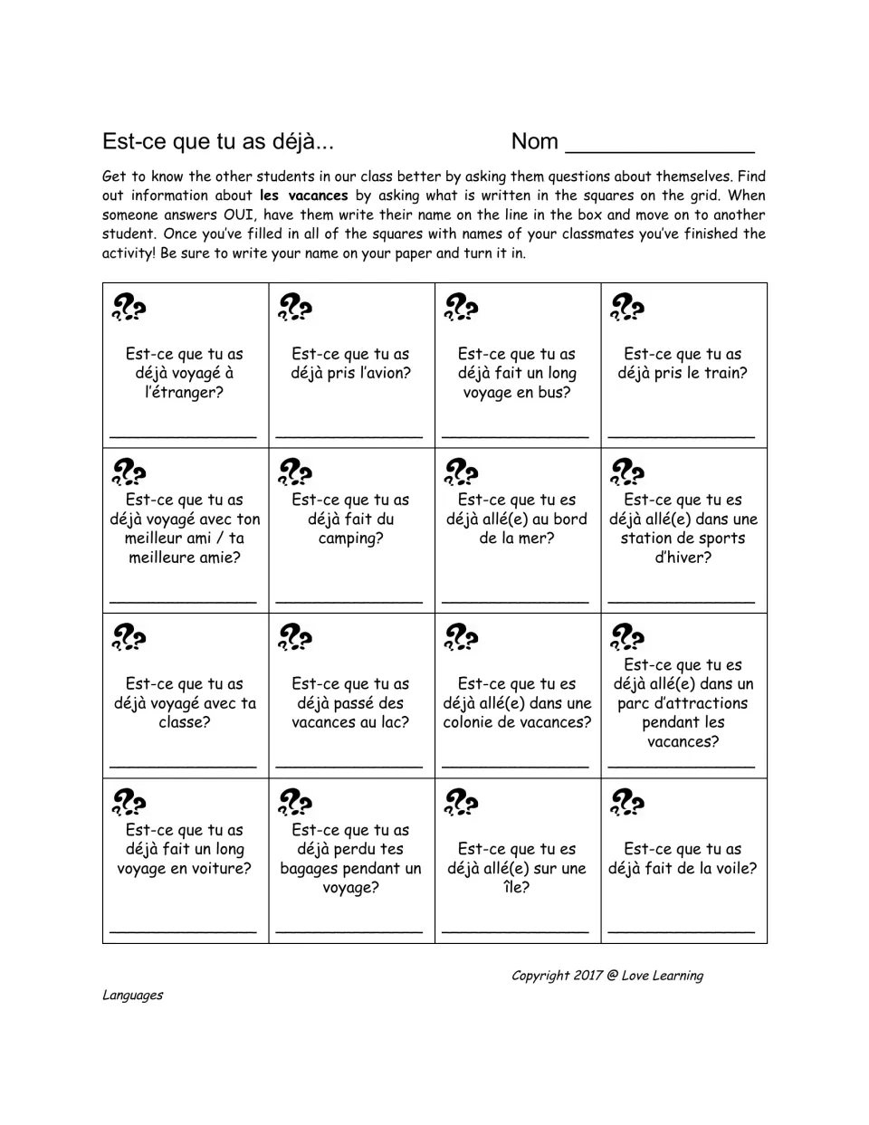 French speaking handout: 16 vacation questions about flying, camping, train travel, sailing, and more.