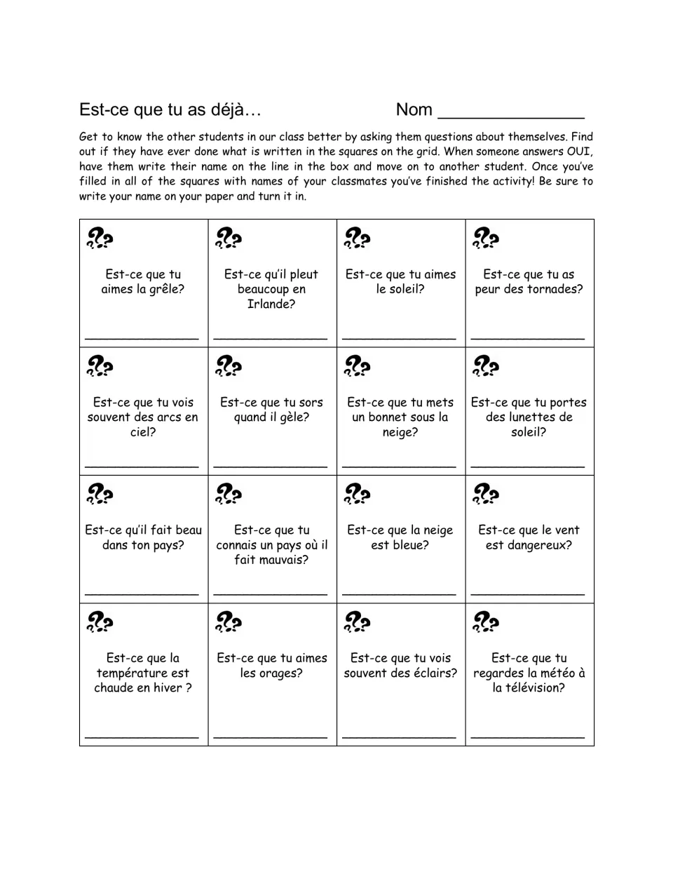 French weather interview handout: 16 questions about la grêle (hail), le soleil (sun), tornadoes, and more.