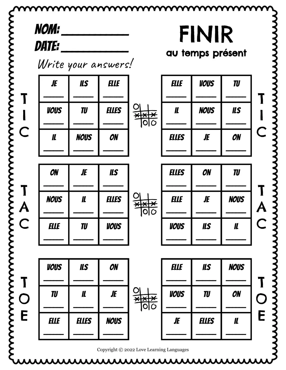 Written practice for six finir (to finish) tic-tac-toe games, completing present-tense forms for each pronoun.