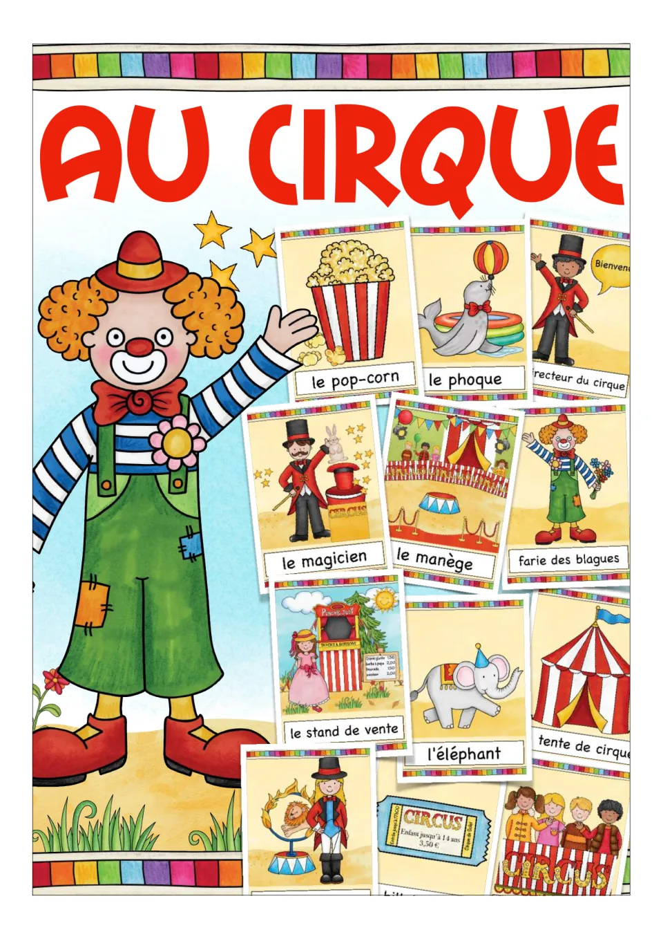 French circus vocabulary flashcard cover titled 'Au cirque', showing a clown and sample illustrated cards