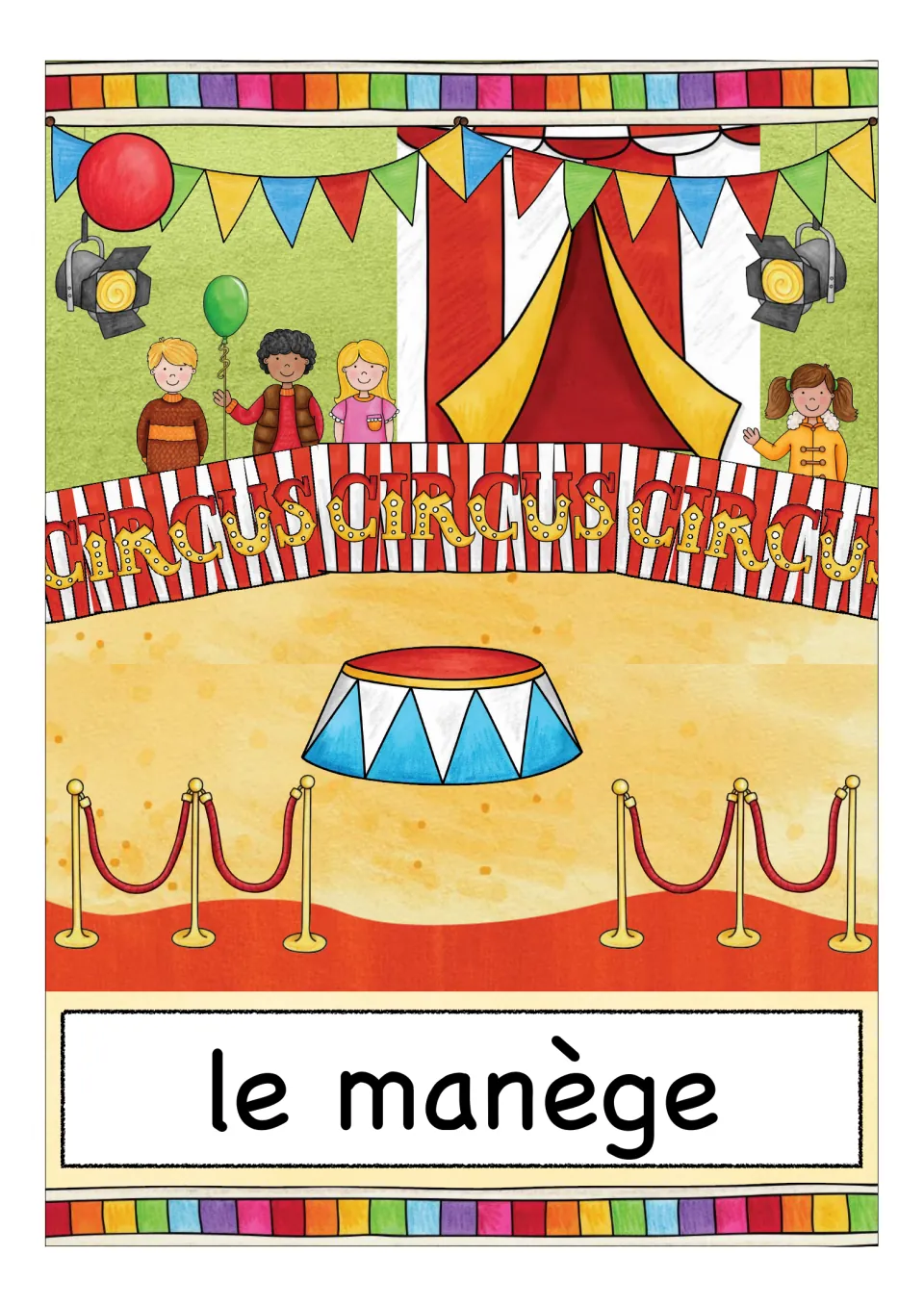 French circus vocabulary card labeled 'le manège', showing a circus ring with a platform and spectators