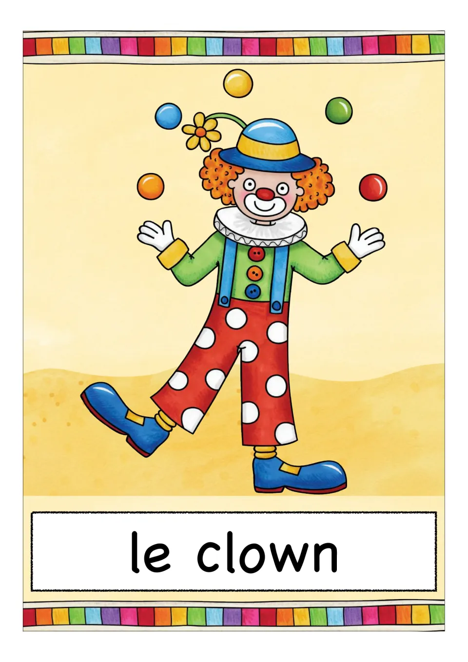 French circus vocabulary card labeled 'le clown' (clown), showing a performer juggling five colored balls