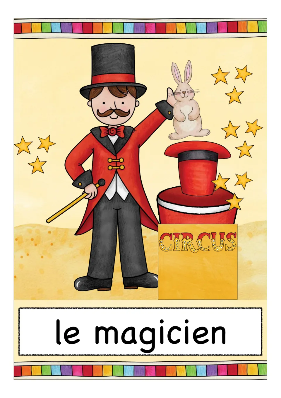 French circus vocabulary card labeled 'le magicien' (magician), showing a magician with a rabbit and hat
