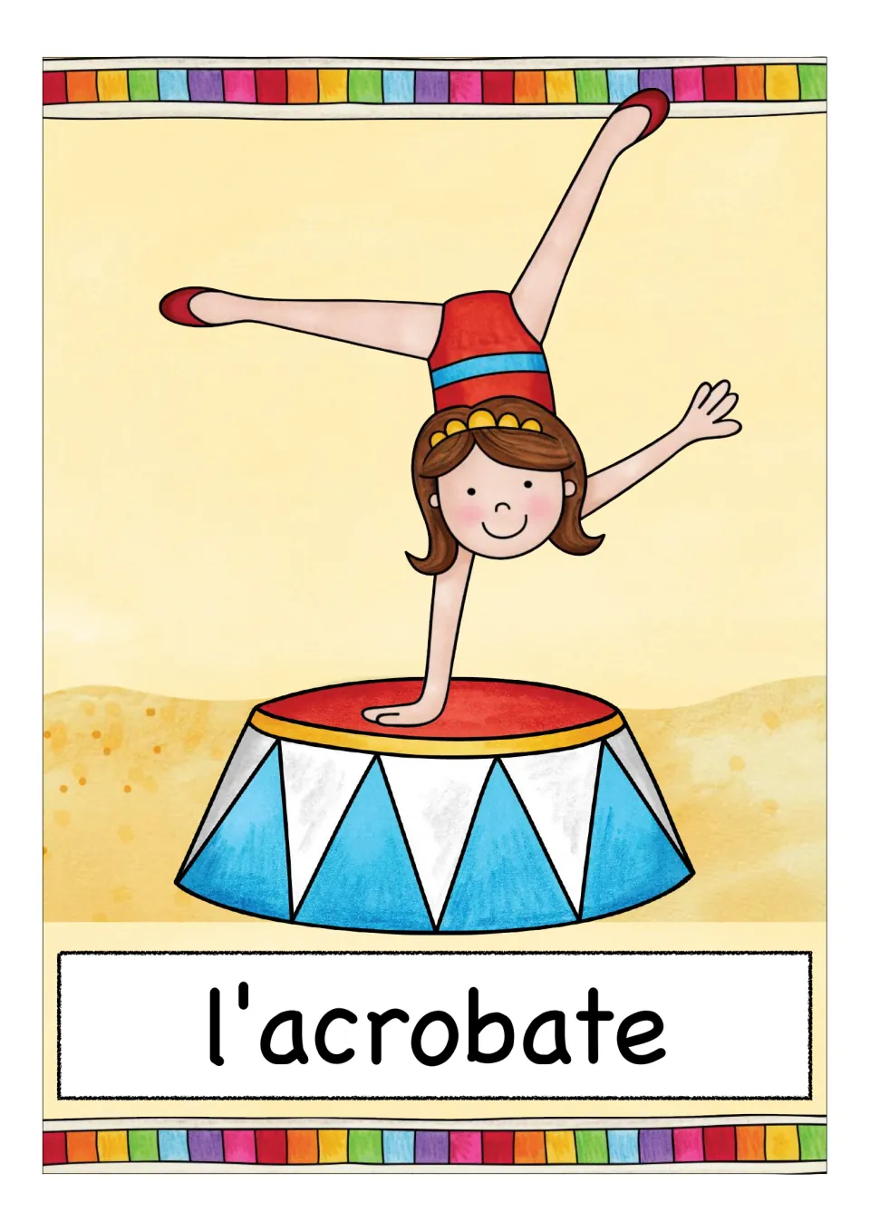 French circus vocabulary card labeled 'l'acrobate' (acrobat), showing a performer balancing on one hand