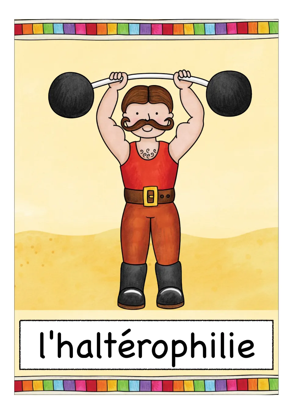 French circus vocabulary card labeled 'l'haltérophilie' (weightlifting), showing a man lifting a barbell