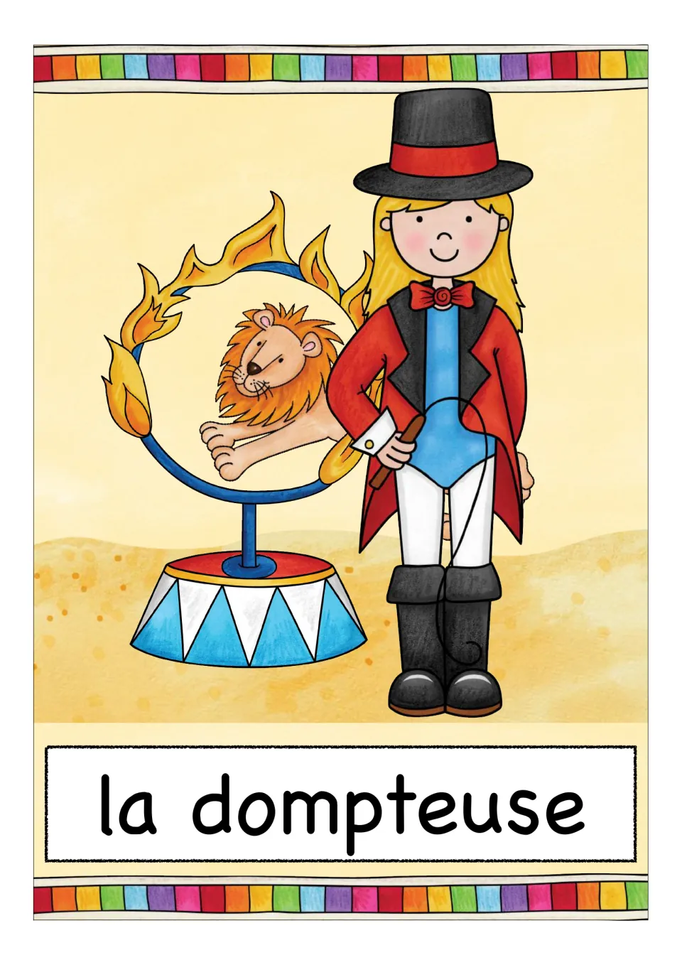 French circus vocabulary card labeled 'la dompteuse' (female animal trainer), showing a lion and flaming hoop