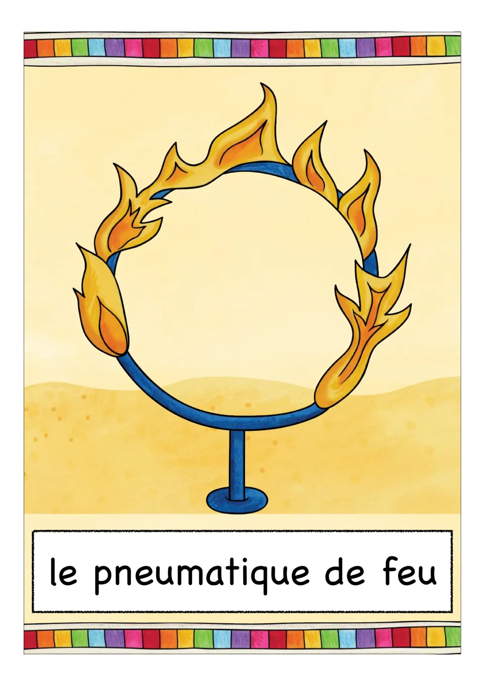 French circus vocabulary card labeled 'le pneumatique de feu', showing a flaming hoop mounted on a stand