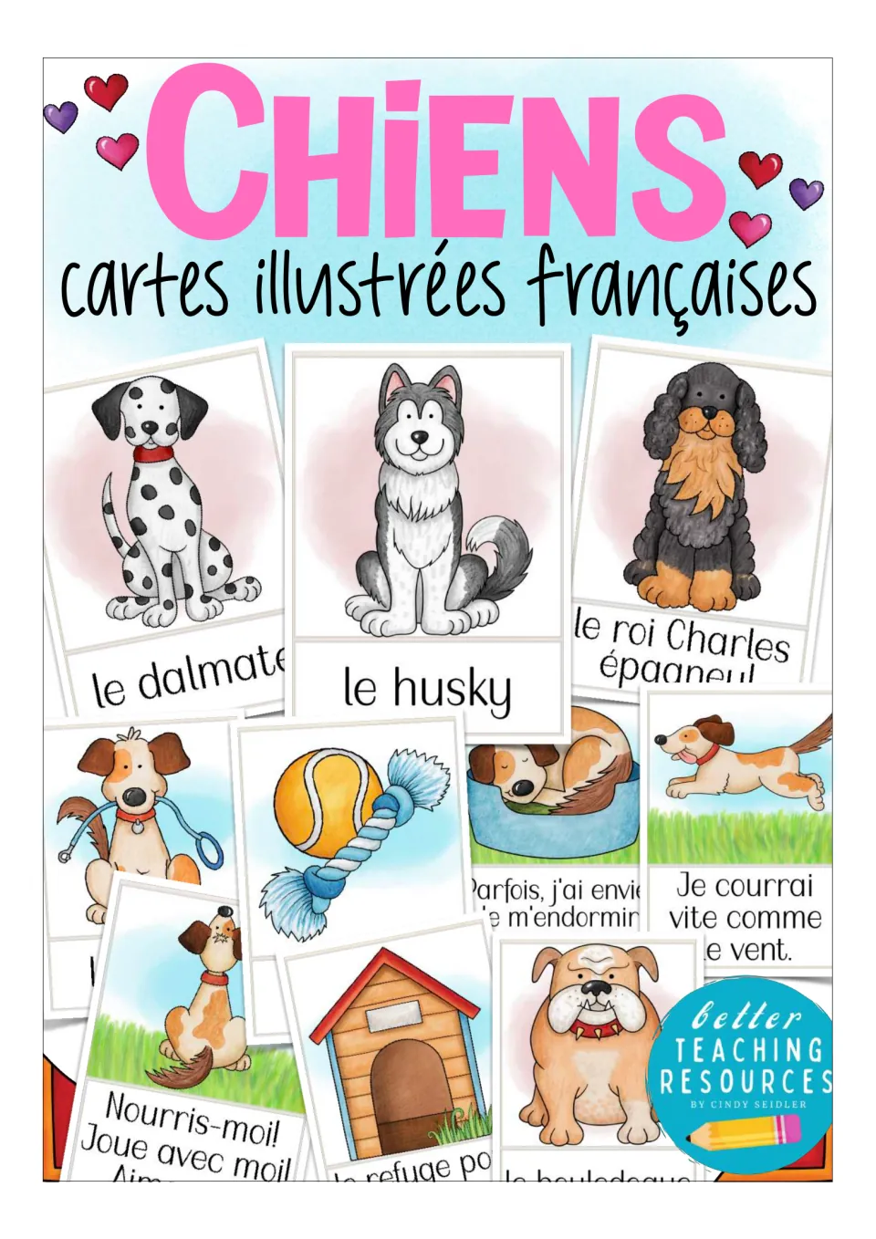 Cover of the French dog flashcard resource, titled 'Chiens' (dogs), showing breed and dog-care cards