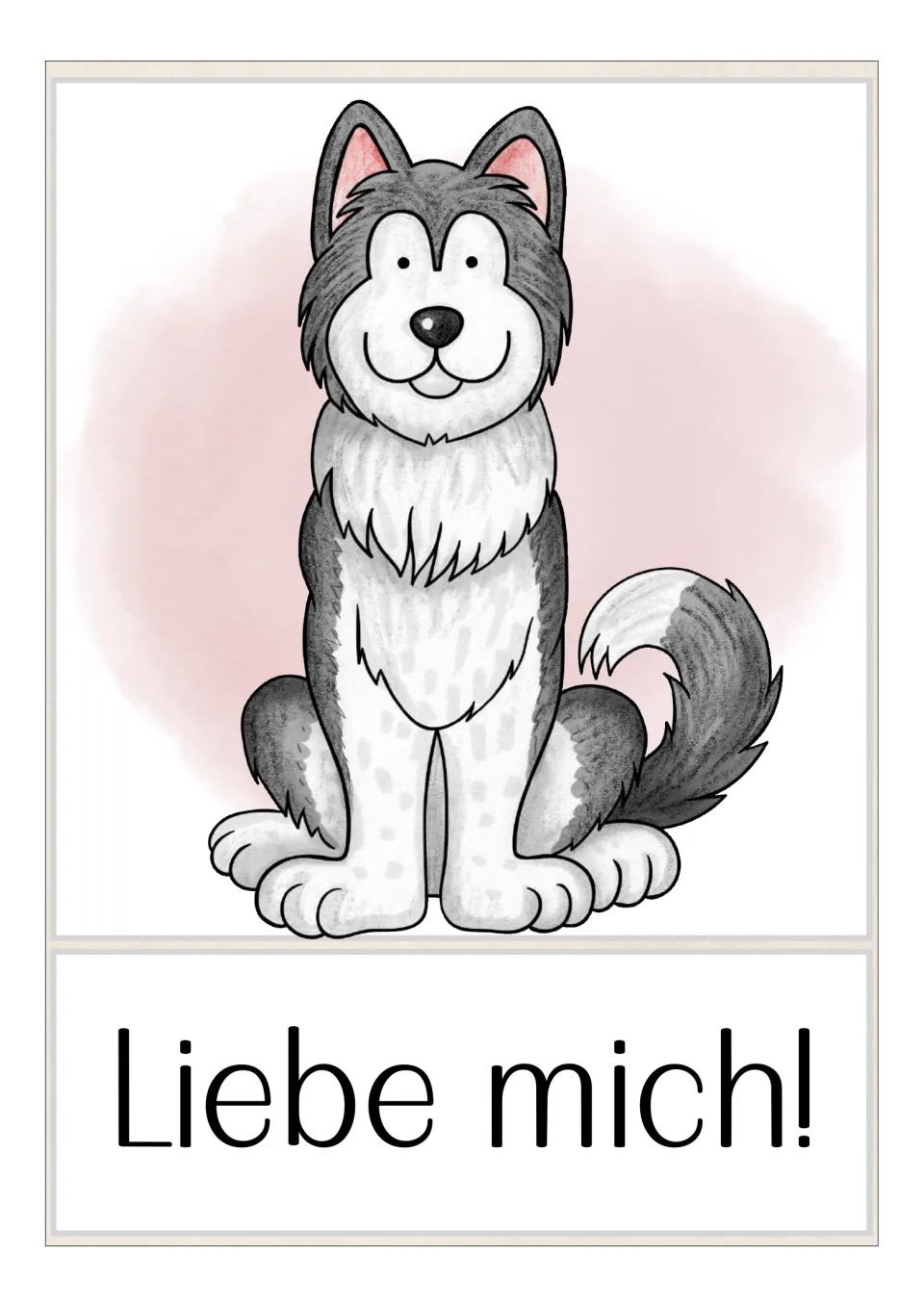 Dog flashcard in the French vocabulary set showing a husky and the German phrase 'Liebe mich!' (Love me!)