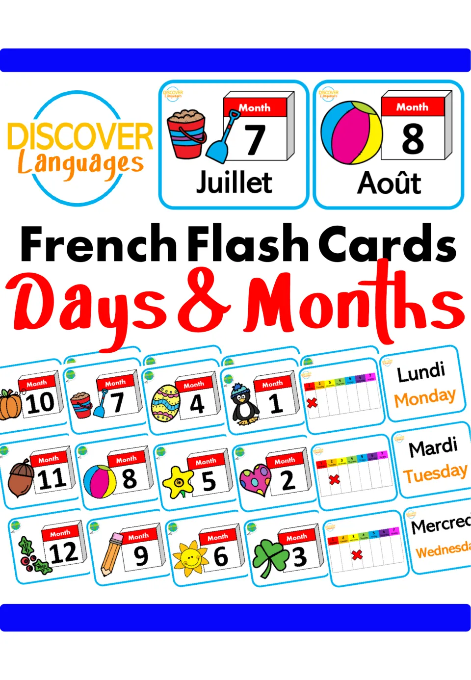 Cover of French Flash Cards - Days & Months, showing sample day cards and Juillet (July) and Août (August)
