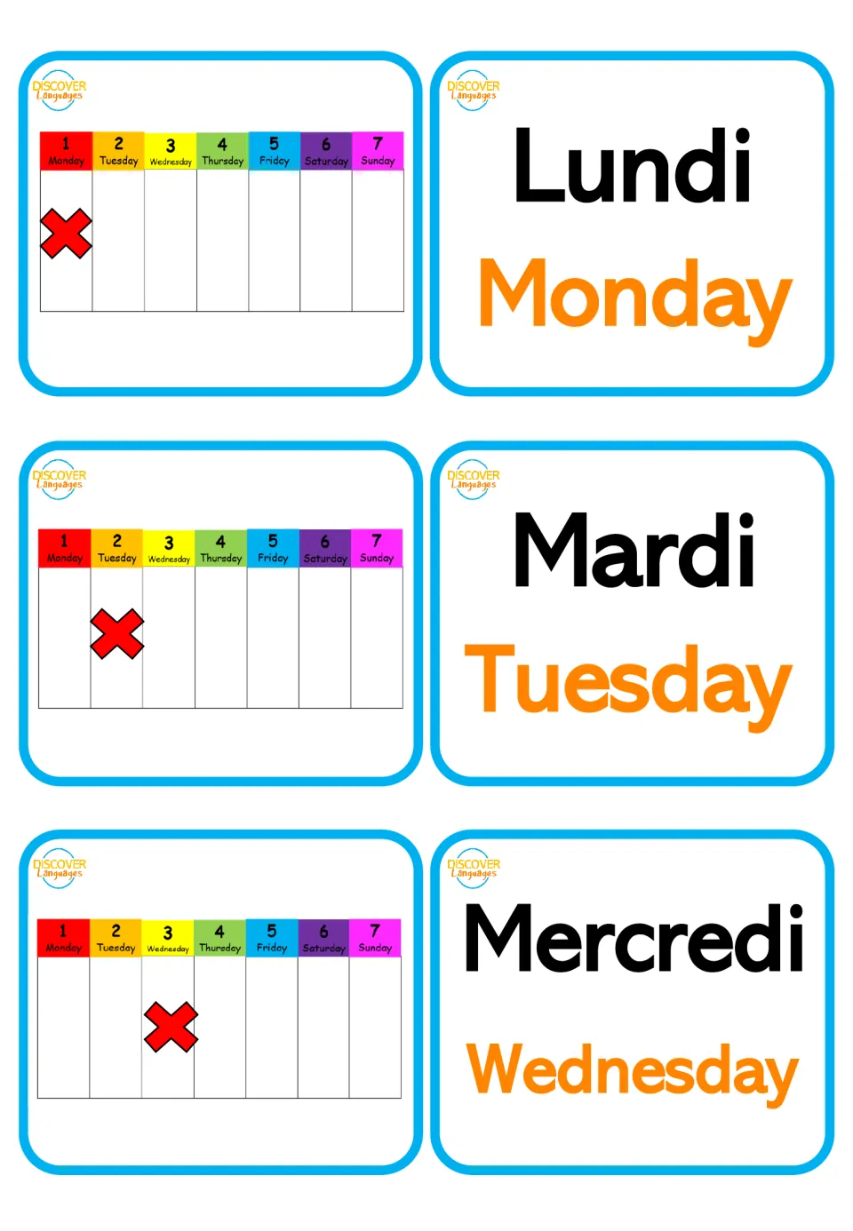 French day flashcards: Lundi (Monday), Mardi (Tuesday) and Mercredi (Wednesday), with matching day pictures