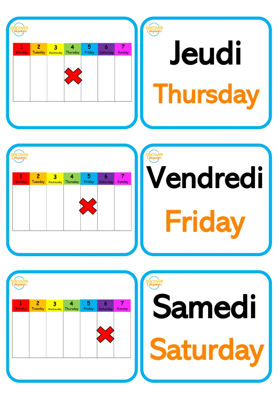 French day flashcards: Jeudi (Thursday), Vendredi (Friday) and Samedi (Saturday), with matching day pictures