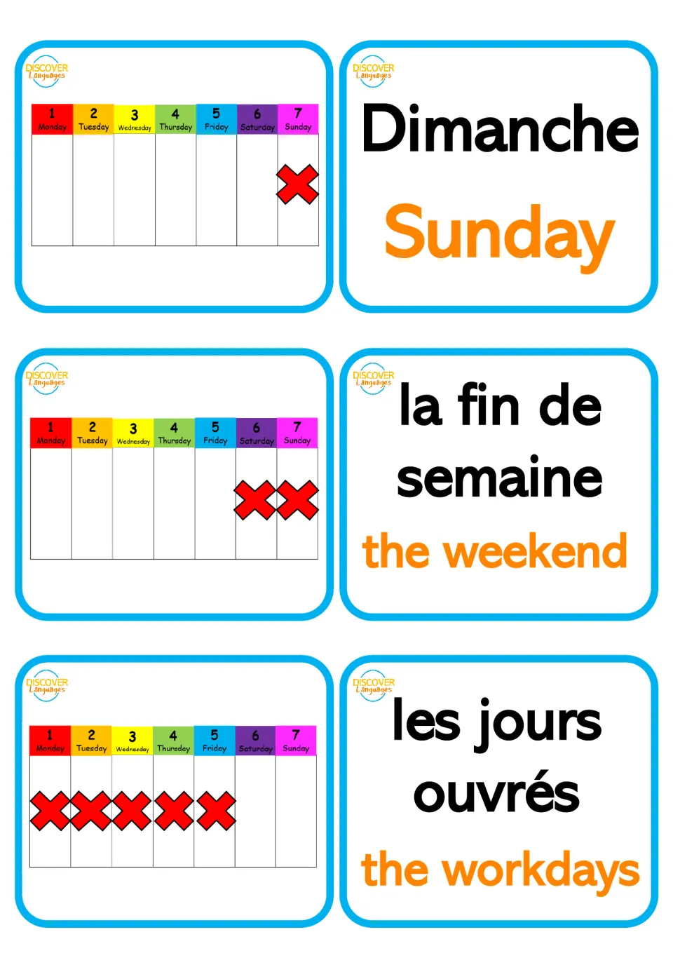 French day flashcards pair calendar pictures with Dimanche (Sunday), la fin de semaine and les jours ouvrés