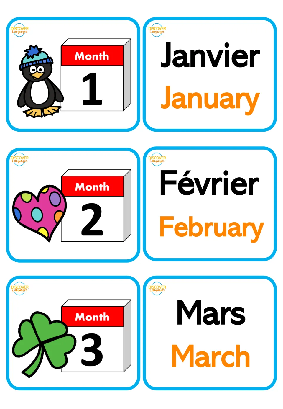 French month flashcards: Janvier (January), Février (February) and Mars (March), with month pictures 1–3