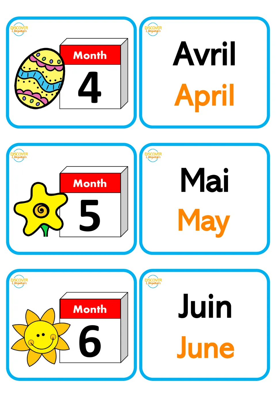 French month flashcards: Avril (April), Mai (May) and Juin (June), paired with numbered month pictures 4–6