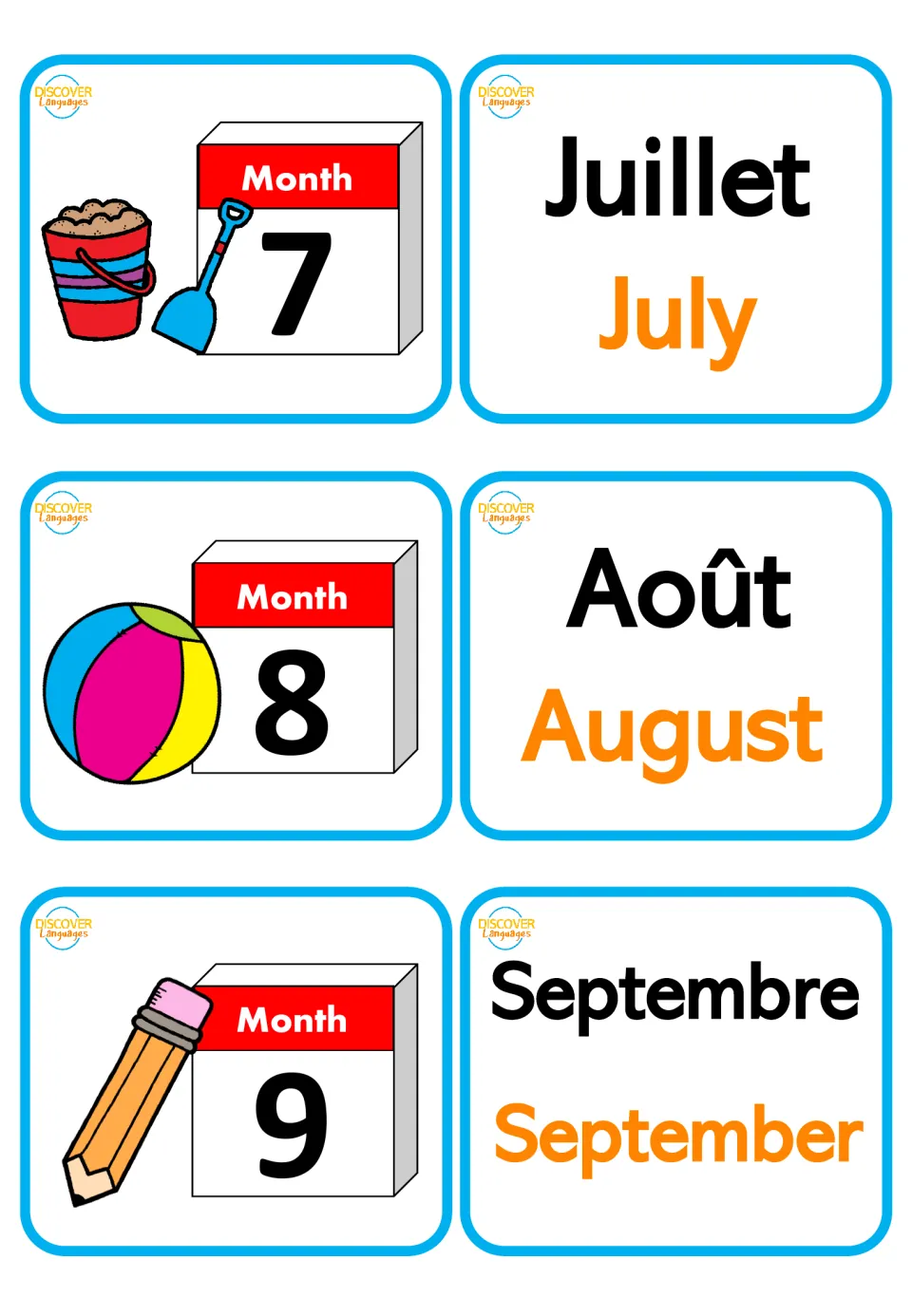 French month flashcards: Juillet (July), Août (August) and Septembre (September), with month pictures 7–9