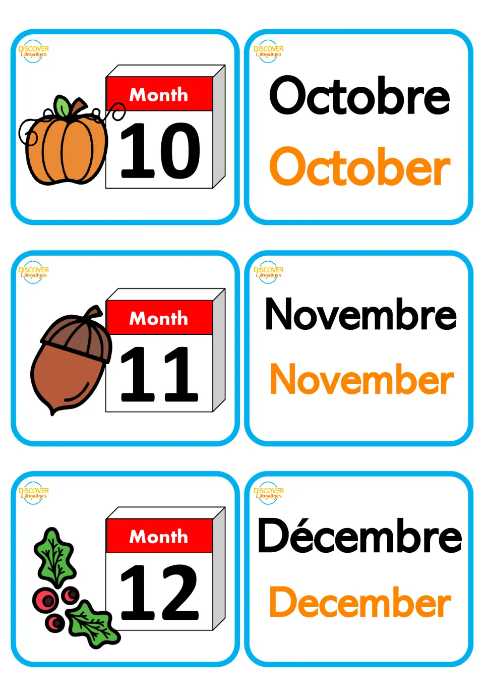 French month flashcards: Octobre (October), Novembre (November) and Décembre (December), with pictures 10–12