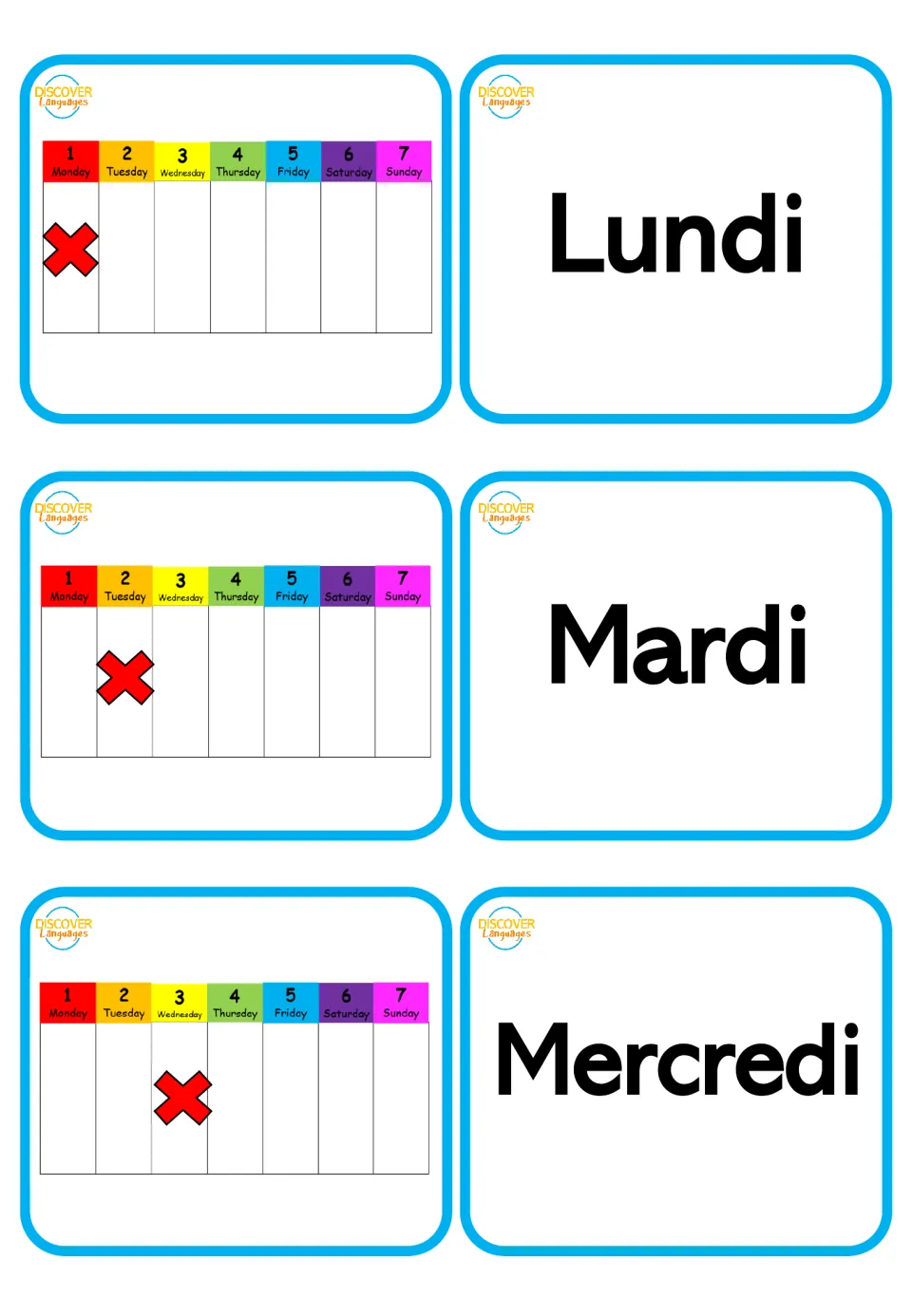 French-only word cards for Lundi (Monday), Mardi (Tuesday) and Mercredi (Wednesday), paired with day pictures