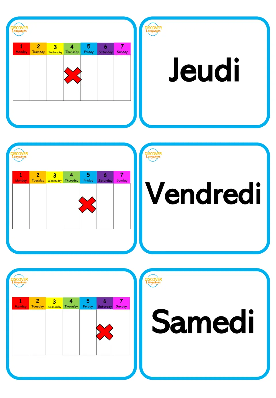 French-only word cards for Jeudi (Thursday), Vendredi (Friday) and Samedi (Saturday), paired with day pictures