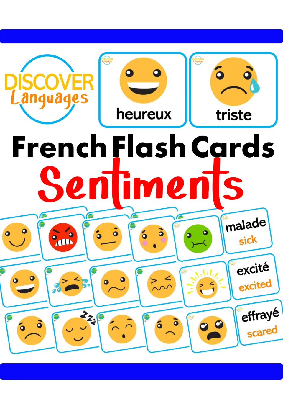 Cover of French Flash Cards - Feelings - Emotions - Sentiments, showing sample emotion pictures and words