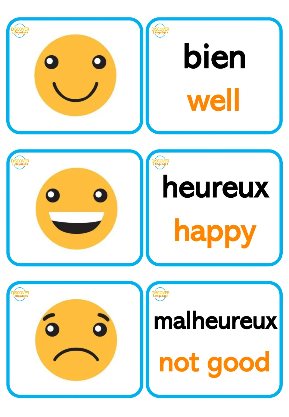 French feelings picture and bilingual word cards: bien (well), heureux (happy), malheureux (not good)