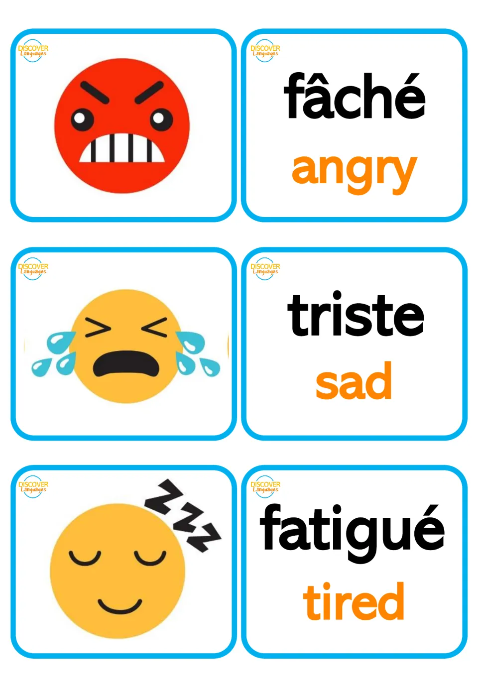 French feelings picture and bilingual word cards: fâché (angry), triste (sad), and fatigué (tired)