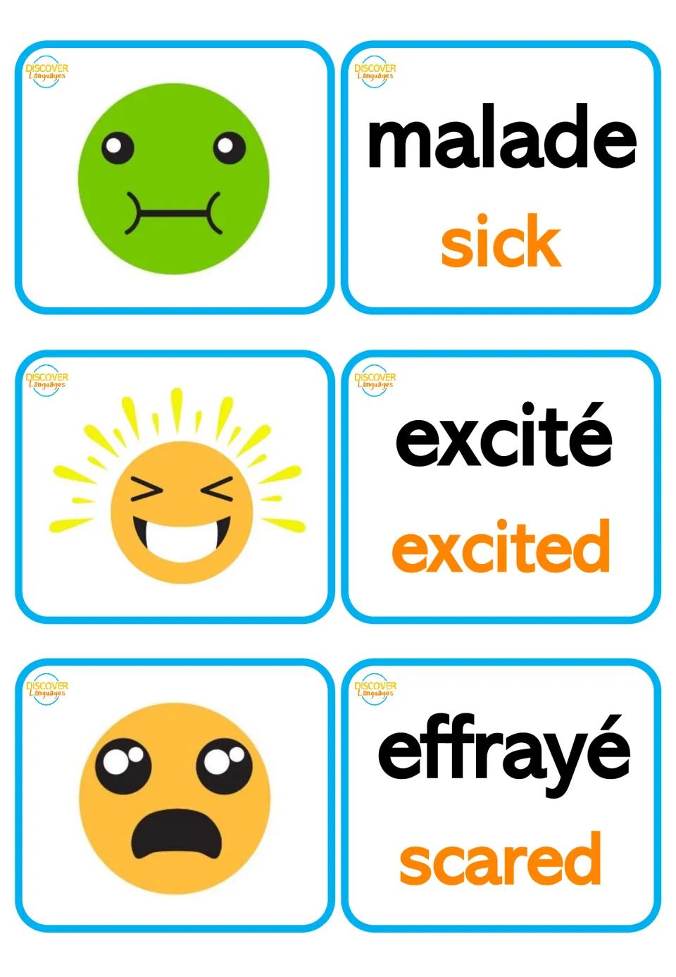French feelings picture and bilingual word cards: malade (sick), excité (excited), effrayé (scared)
