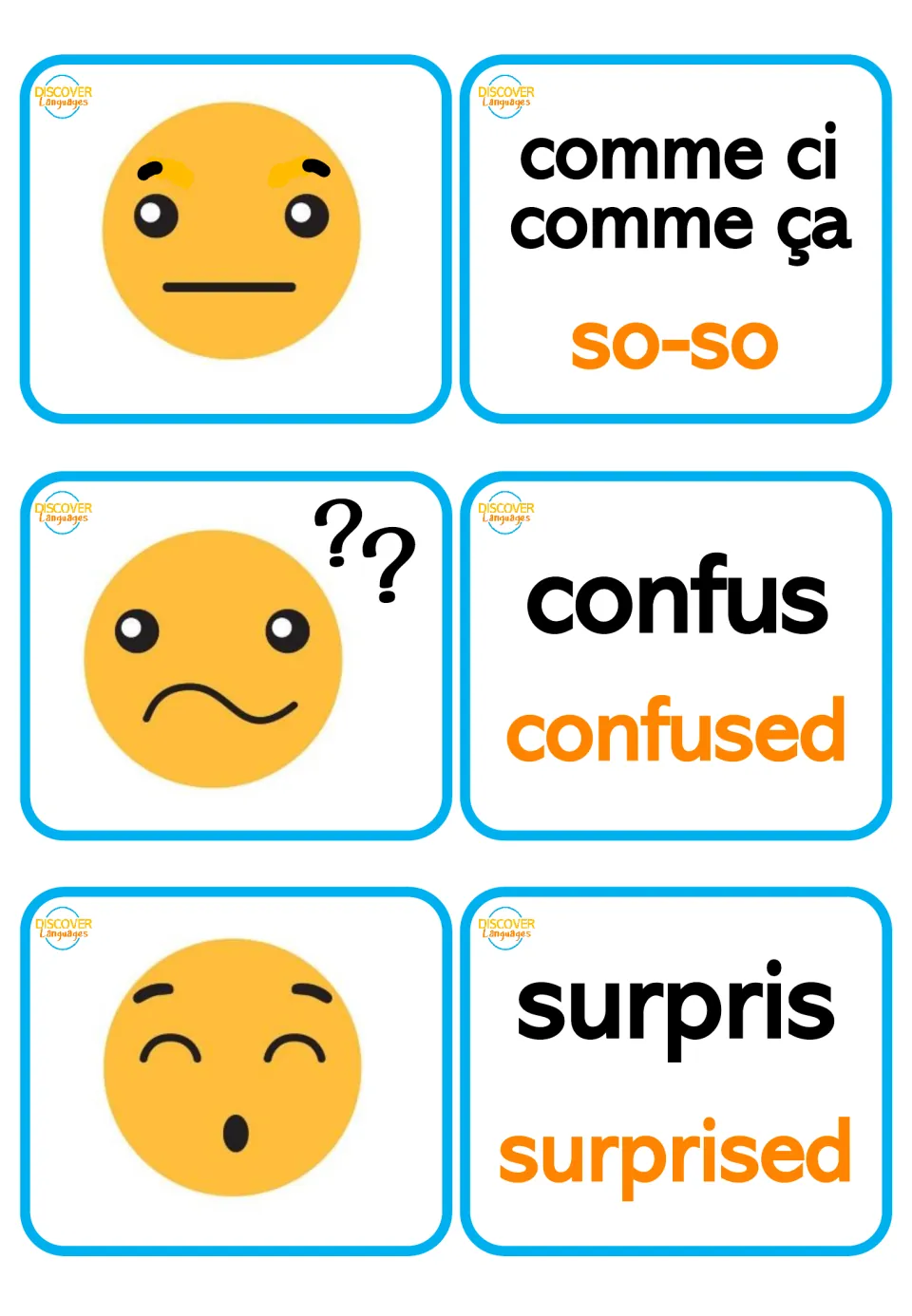 Bilingual French picture and word cards: comme ci comme ça (so-so), confus (confused), surpris (surprised)