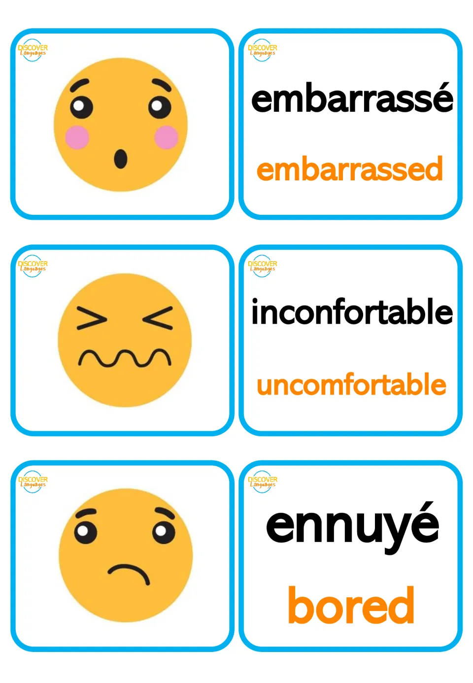 Bilingual French feelings cards: embarrassé (embarrassed), inconfortable (uncomfortable), ennuyé (bored)