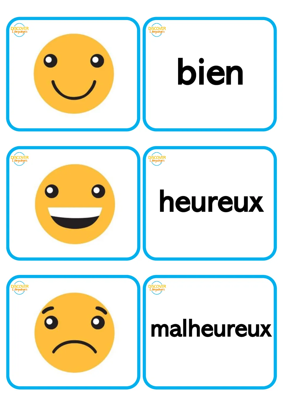 French-only feelings word cards and matching pictures: bien (well), heureux (happy), malheureux (unhappy)
