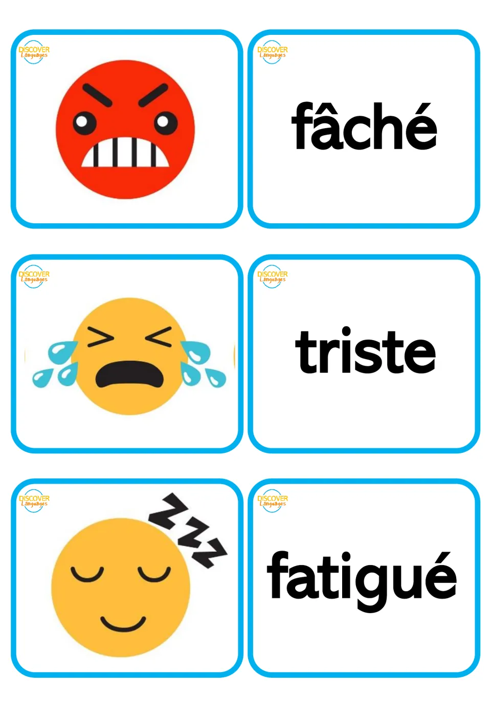French-only feelings word cards and matching pictures: fâché (angry), triste (sad), and fatigué (tired)
