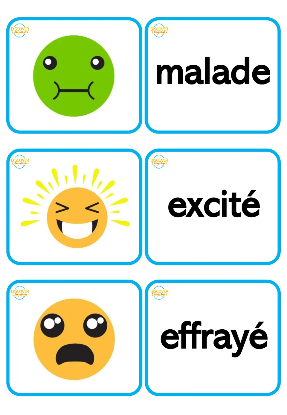 French-only feelings word cards and matching pictures: malade (sick), excité (excited), effrayé (scared)